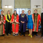 (Left to right) John Lam (Upper Warden, Guild of Young Freemen), Barbara Hearne OBE, Grace Abba (Master, Guild of Young Freemen), Tim Maile (Deputy Master), Bee Rowlett, Rafael Steinmetz Leffa (Middle Warden, Guild of Young Freemen), Past Master (and Past President of the former Society of Young Freemen) Peter Tompkins