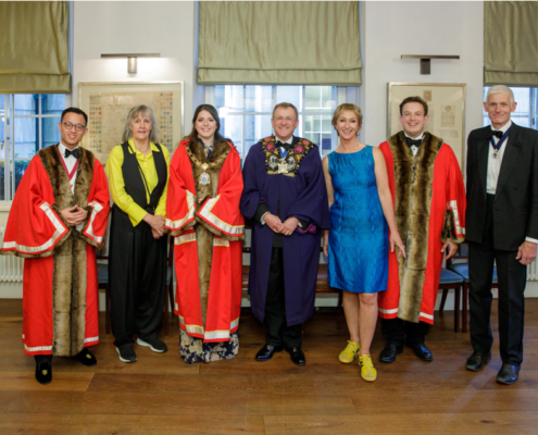 (Left to right) John Lam (Upper Warden, Guild of Young Freemen), Barbara Hearne OBE, Grace Abba (Master, Guild of Young Freemen), Tim Maile (Deputy Master), Bee Rowlett, Rafael Steinmetz Leffa (Middle Warden, Guild of Young Freemen), Past Master (and Past President of the former Society of Young Freemen) Peter Tompkins